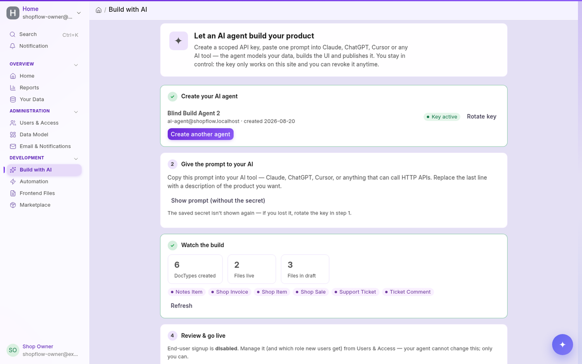 The per-product admin with the Build with AI wizard